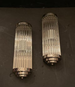Wonderful Nickel Glass Rod Art Deco Skyscraper Theater Cinema Pair Of Sconces