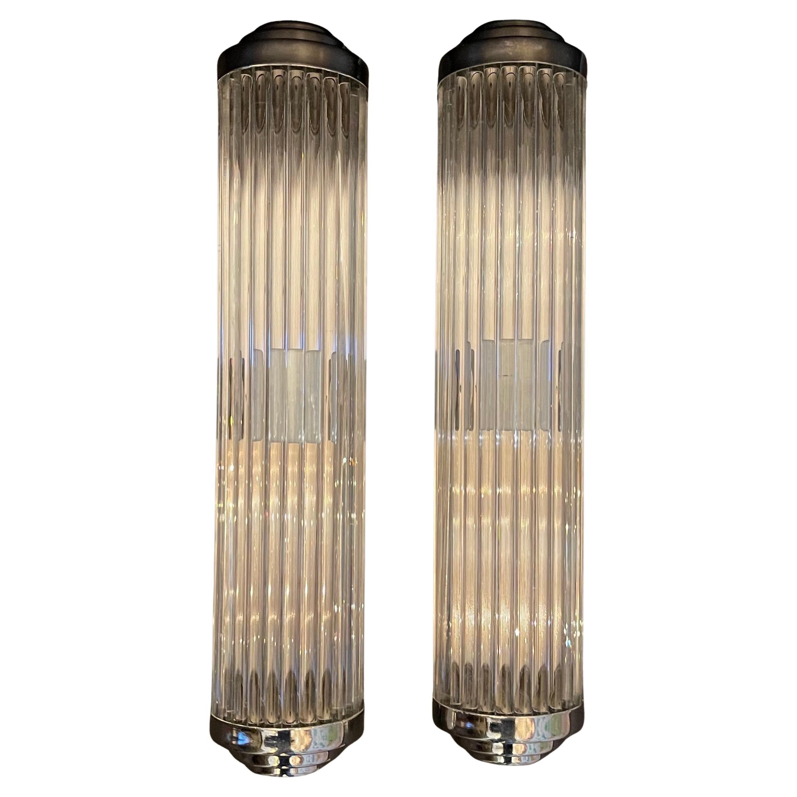 A Wonderful Pair Vintage Polished Nickel Plated And Glass Rod Art Deco / Skyscraper Style Theater / Cinema Wall Sconces, they Can Be Placed In Damp Area As the Have Been Rewired With Porcelain Sockets