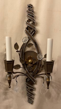 Wonderful Vintage Pair Beaded Swirl Rock Crystal Baguès Flower Leaf Gold Sconces