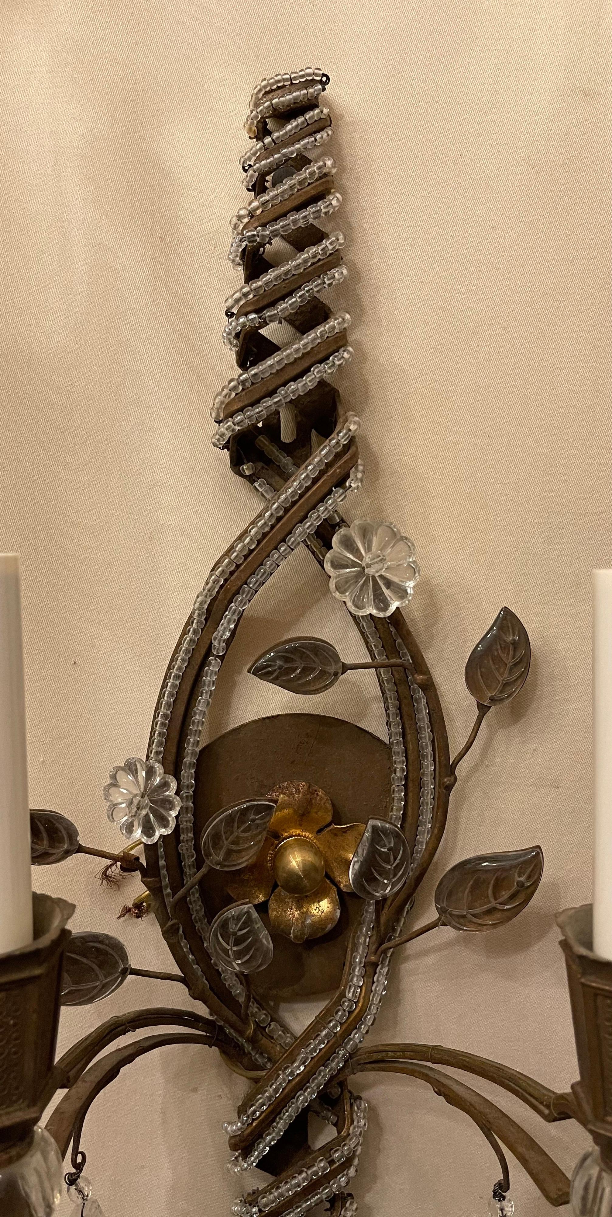 Italian Wonderful Vintage Pair Beaded Swirl Rock Crystal Baguès Flower Leaf Gold Sconces For Sale