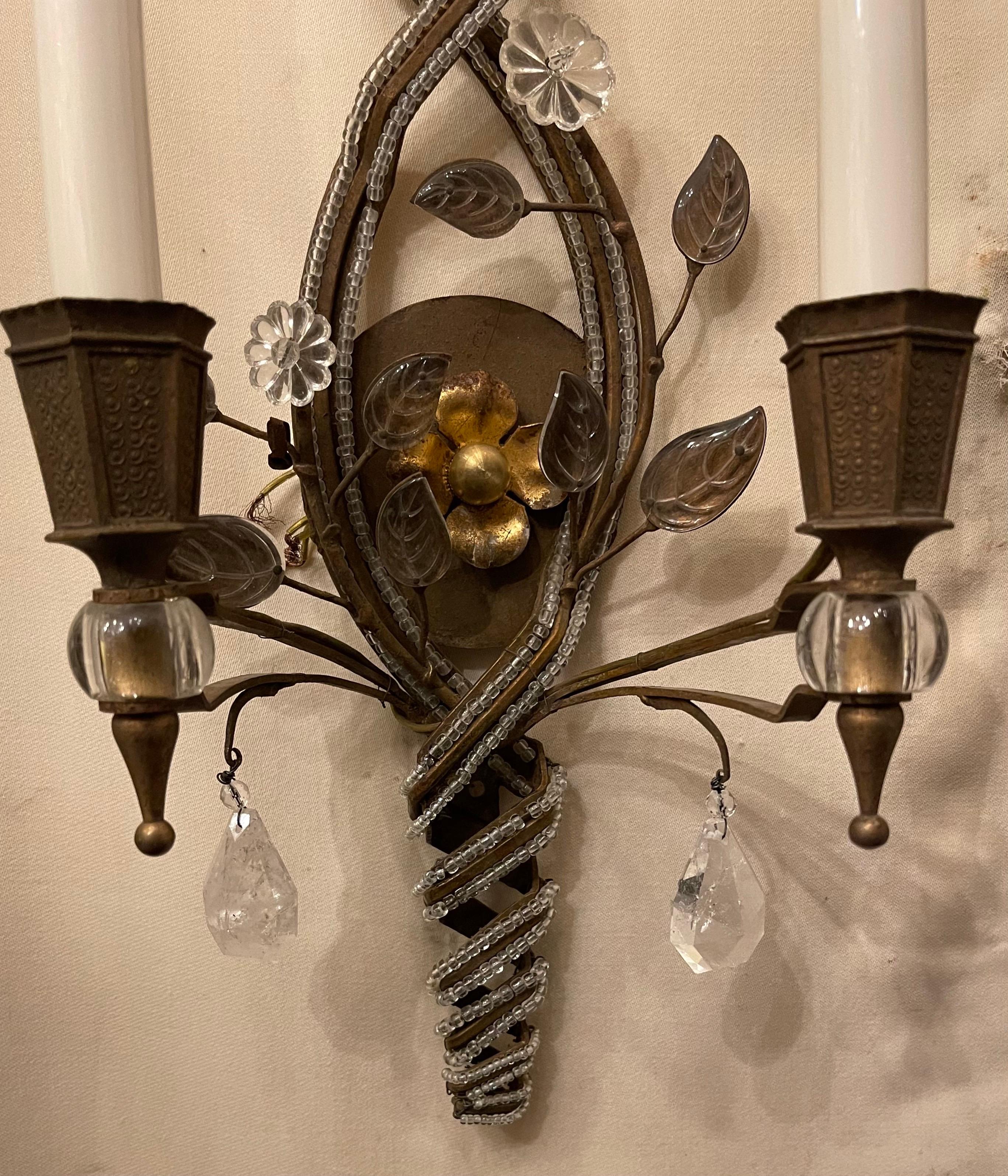 Gilt Wonderful Vintage Pair Beaded Swirl Rock Crystal Baguès Flower Leaf Gold Sconces For Sale