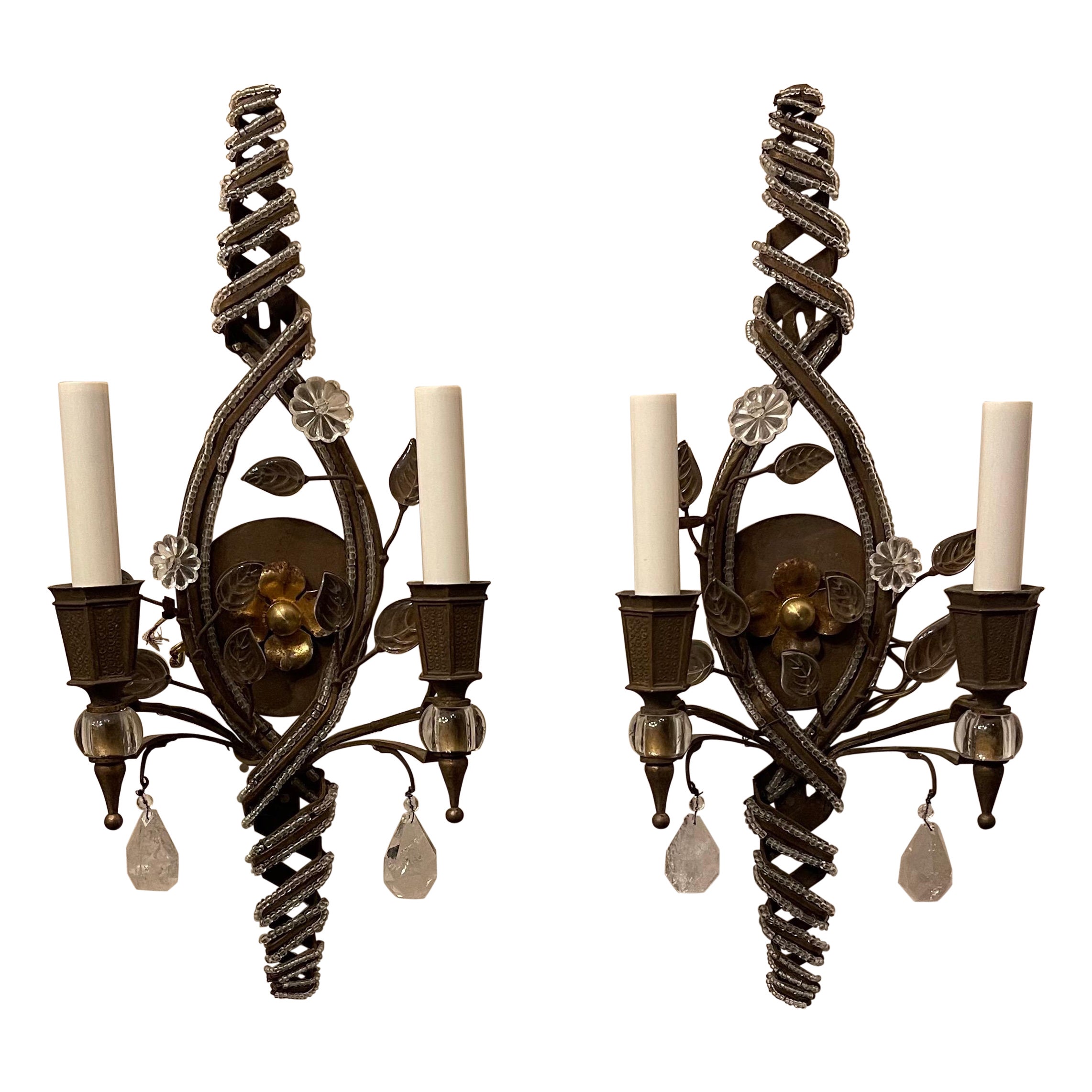 Wonderful Vintage Pair Beaded Swirl Rock Crystal Baguès Flower Leaf Gold Sconces