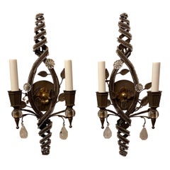 Wunderschöne Vintage Paar Perlen Wirbel Bergkristall Baguès Blume Blatt Gold Sconces