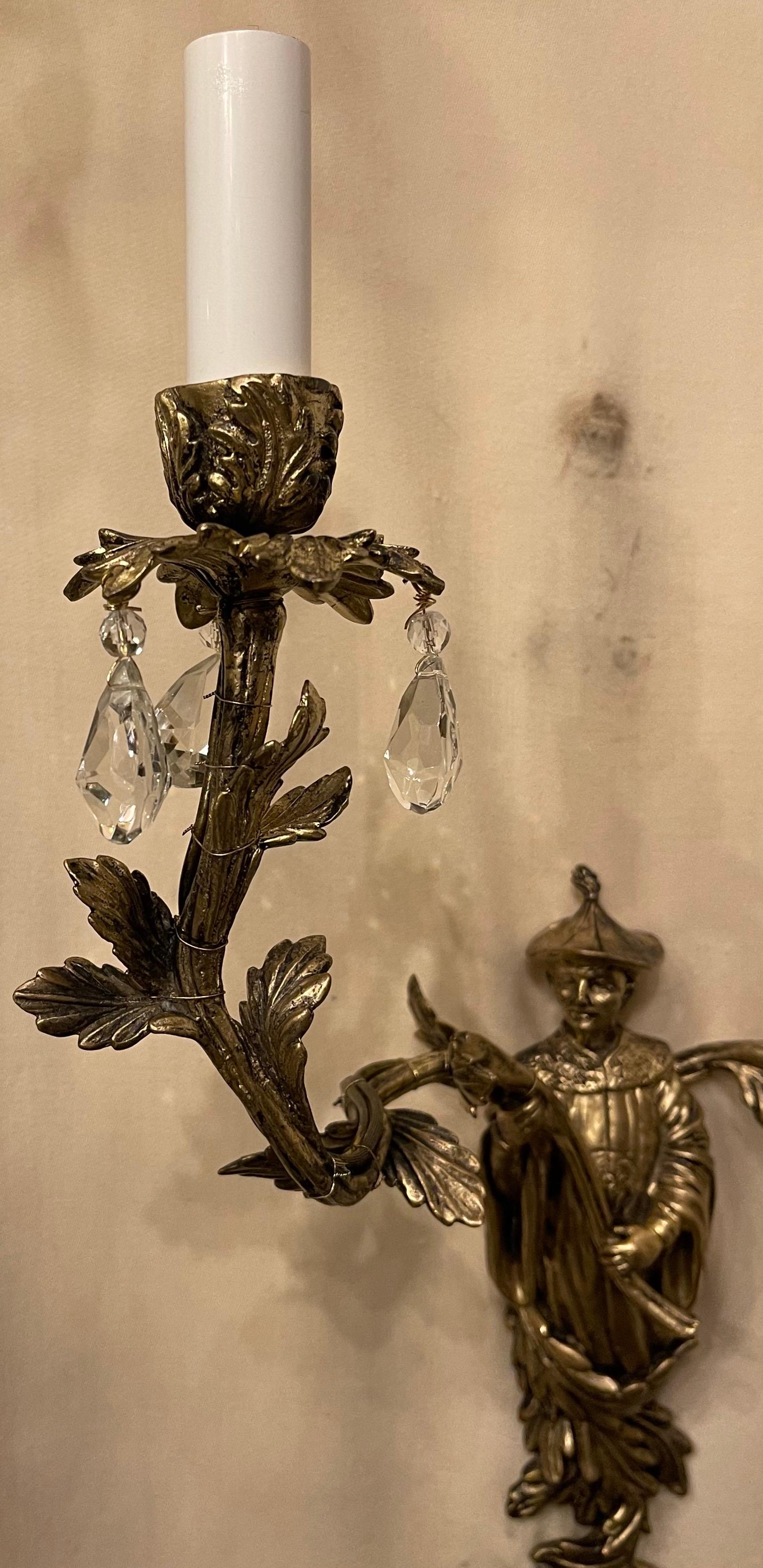 French Wonderful Vintage Pair Bronze Chinoiserie Figure Crystal Drop Two Light Sconces For Sale