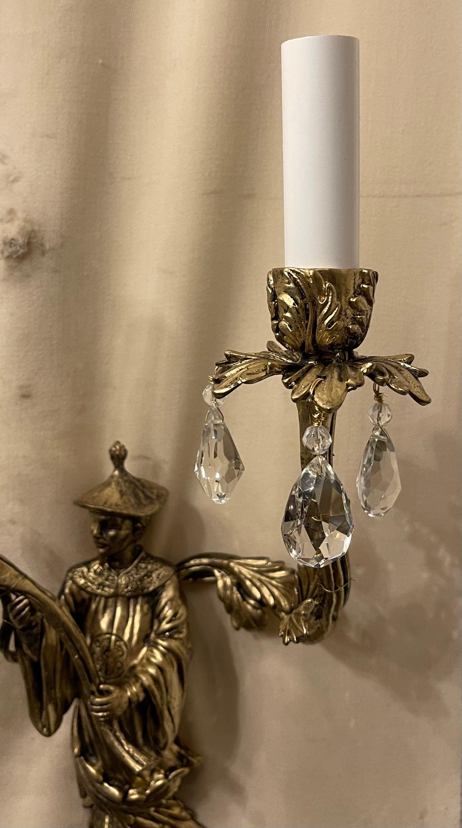 20th Century Wonderful Vintage Pair Bronze Chinoiserie Figure Crystal Drop Two Light Sconces For Sale