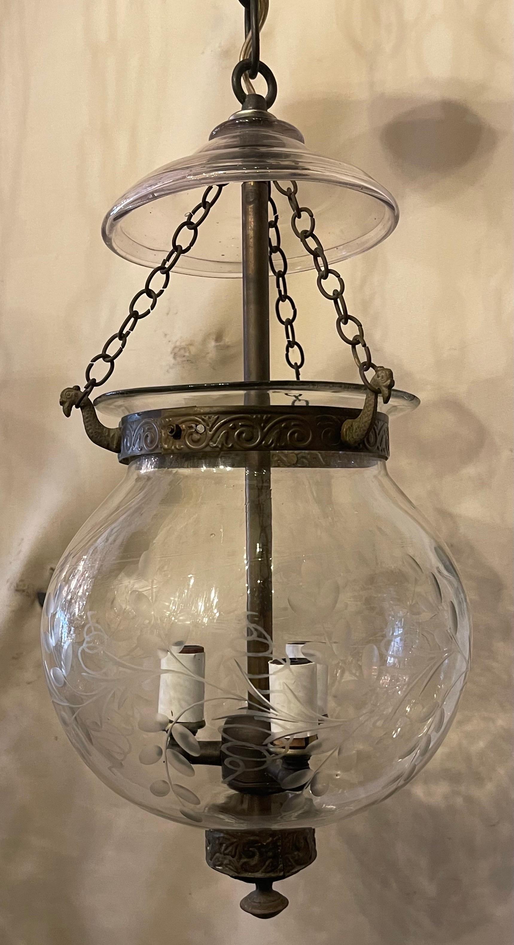 A Wonderful Vintage Pair Of Etched Glass Leaves Grape Vine Pattern Bell Jar Lanterns With Oxidized Brass Hardware, In The Manner Of Vaughan These Fixture Have 3 Candelabra Internal Lights And Comes Ready To Install With Chain Canopy And Mounting