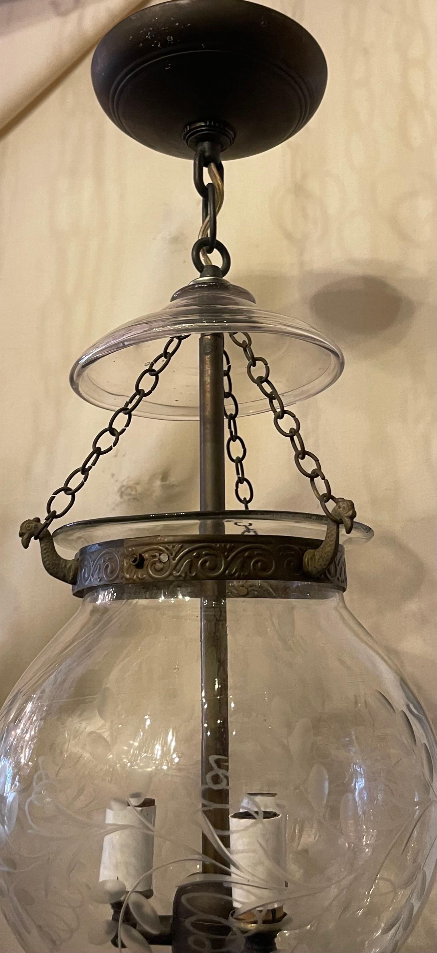 Regency Wonderful Vintage Pair Etched Glass Leaves Grape Vine Pattern Bell Jar Lanterns