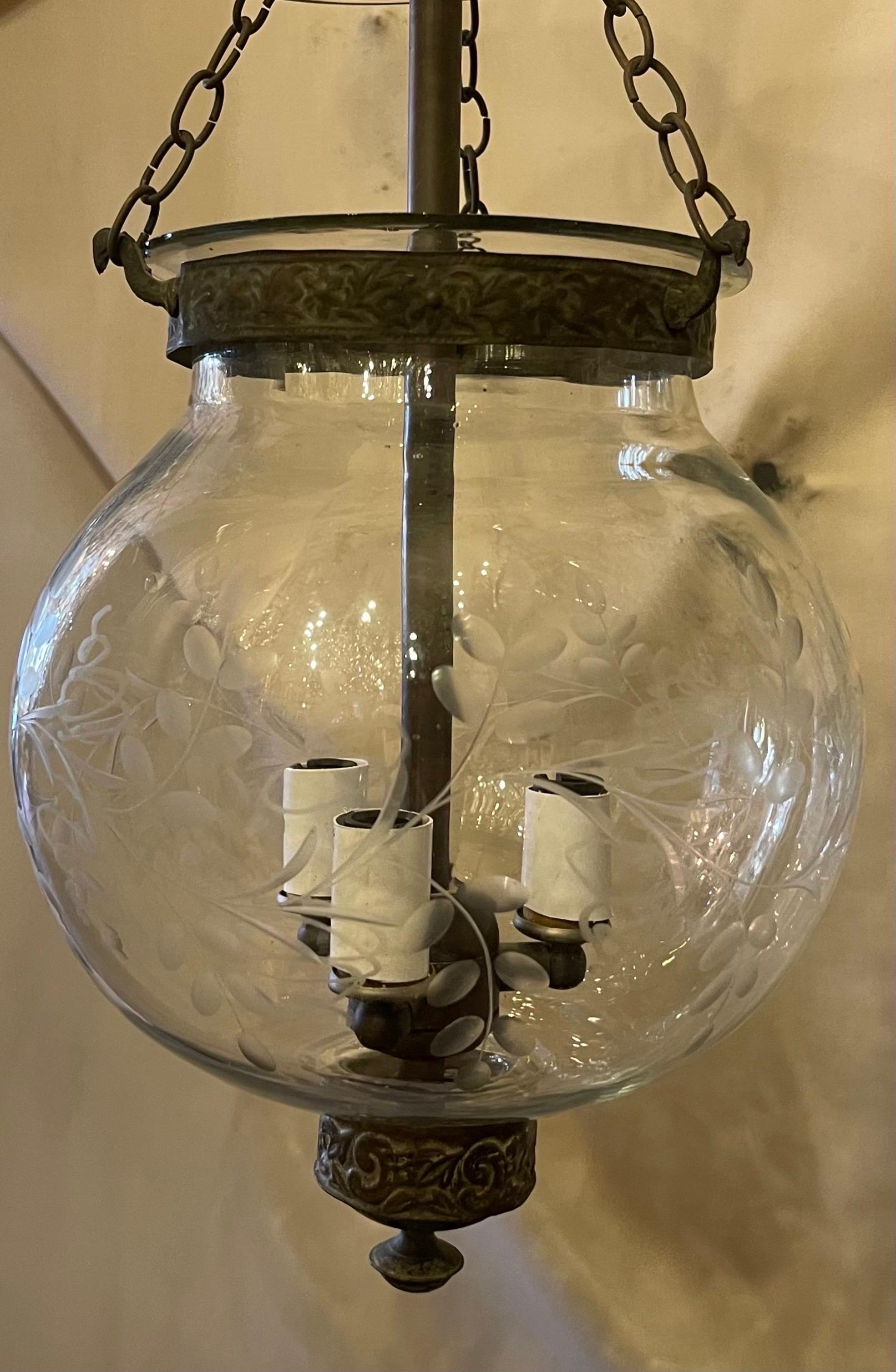 20th Century Wonderful Vintage Pair Etched Glass Leaves Grape Vine Pattern Bell Jar Lanterns