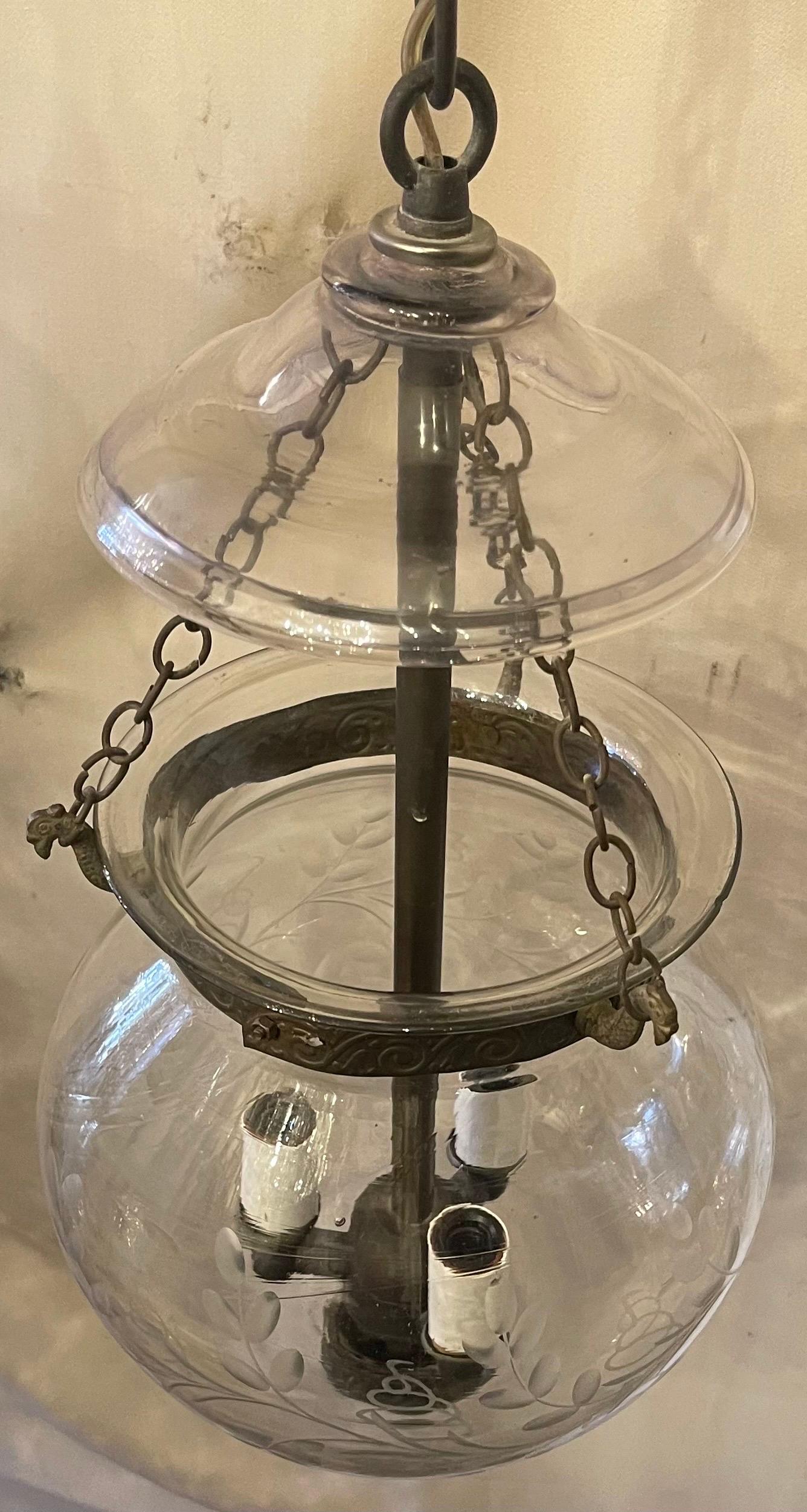 Brass Wonderful Vintage Pair Etched Glass Leaves Grape Vine Pattern Bell Jar Lanterns