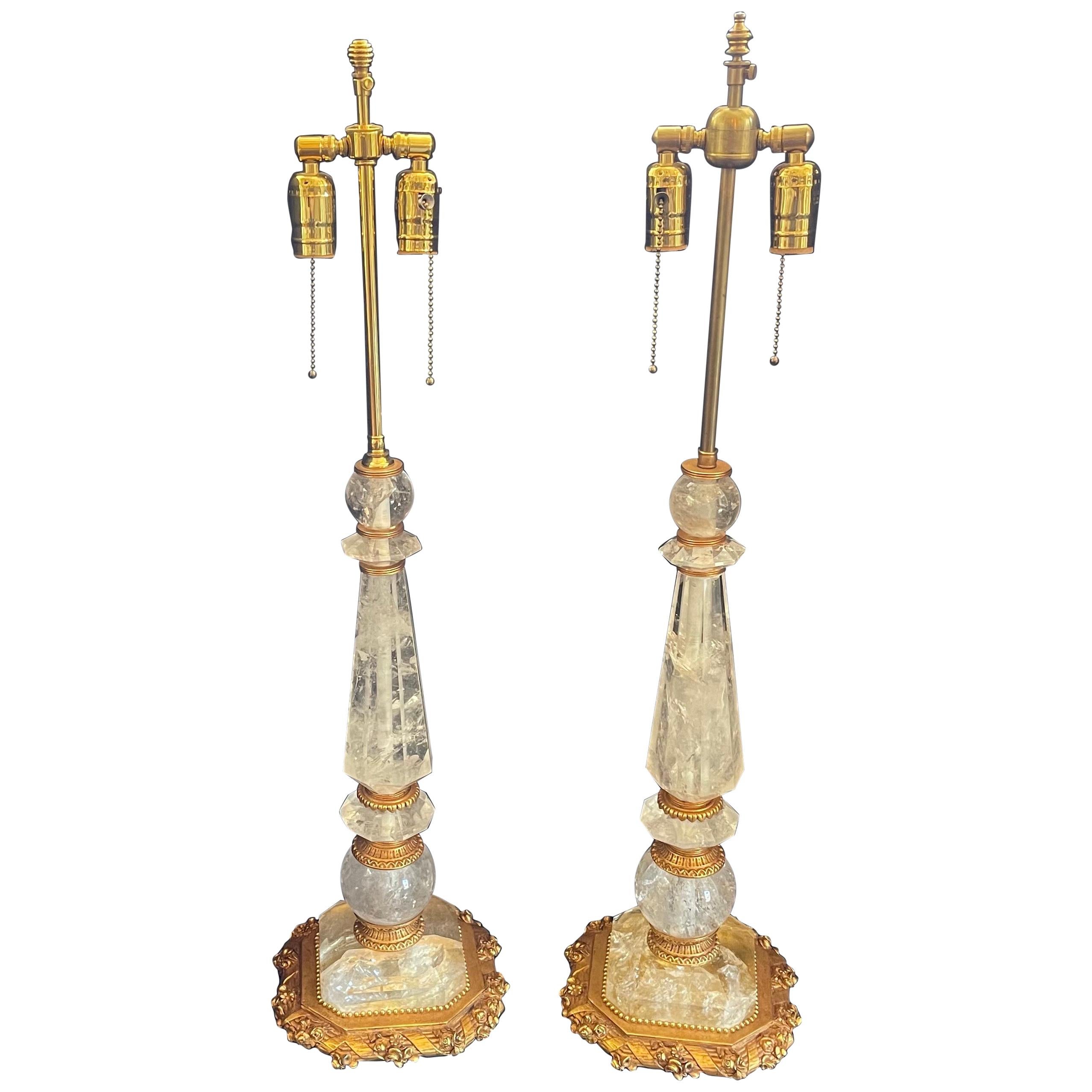 Wonderful Vintage Pair of French Rock Crystal Bronze Ormolu Mounted Nesle Lamps