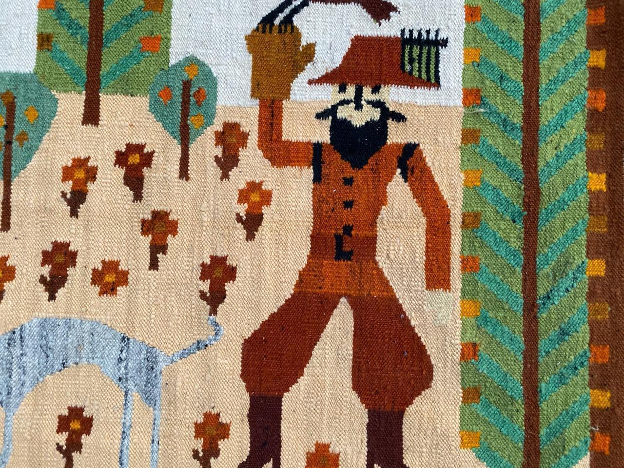 Very beautiful midcentury flat tapestry with beautiful rustic design and nice colors with yellow, green, orange and brown, entirely handwoven with wool on cotton foundation.