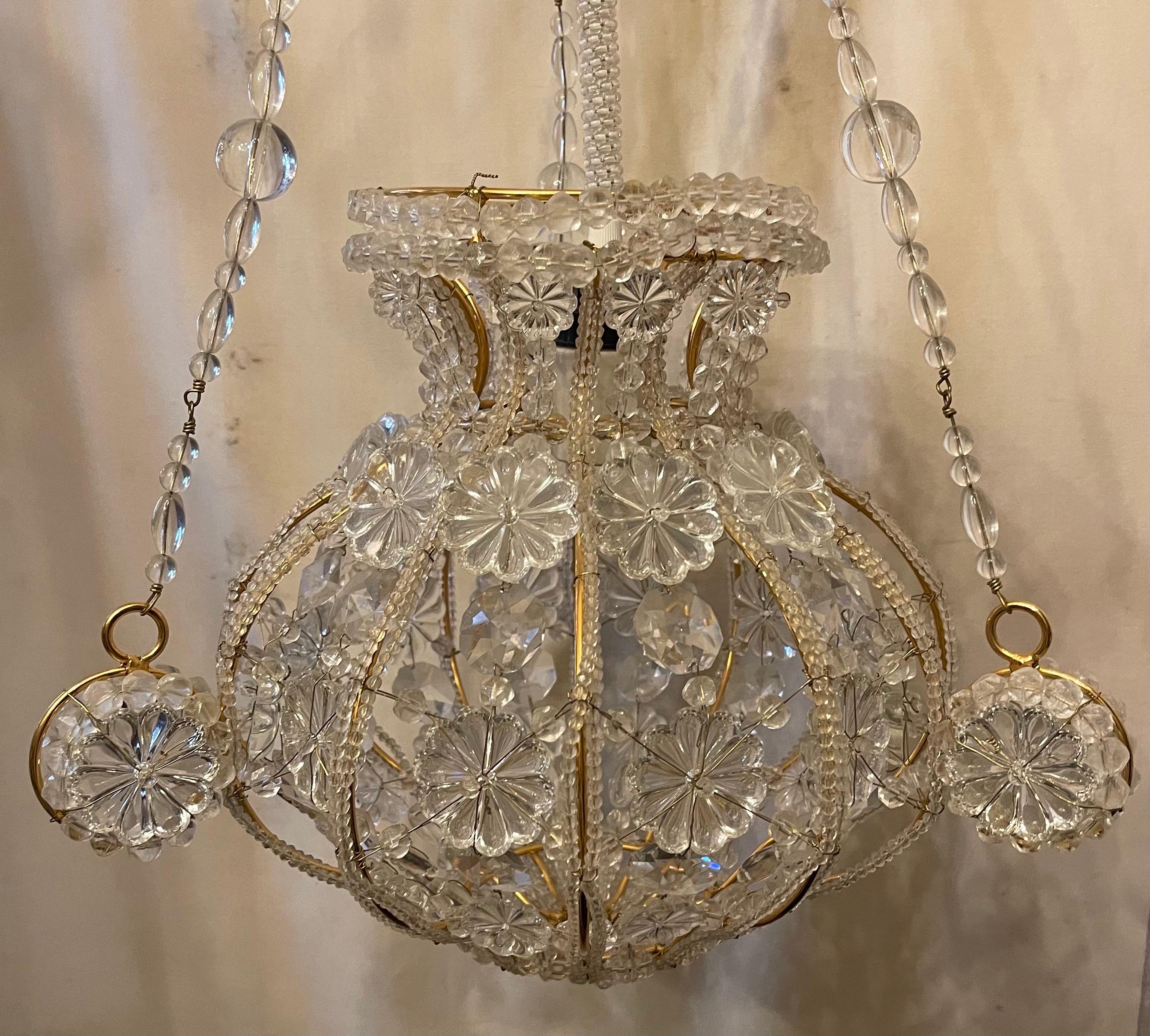 Belle Époque Wonderful Vintage Sherle Wagner Beaded Hanging Crystal Basket Gold Light Fixture For Sale