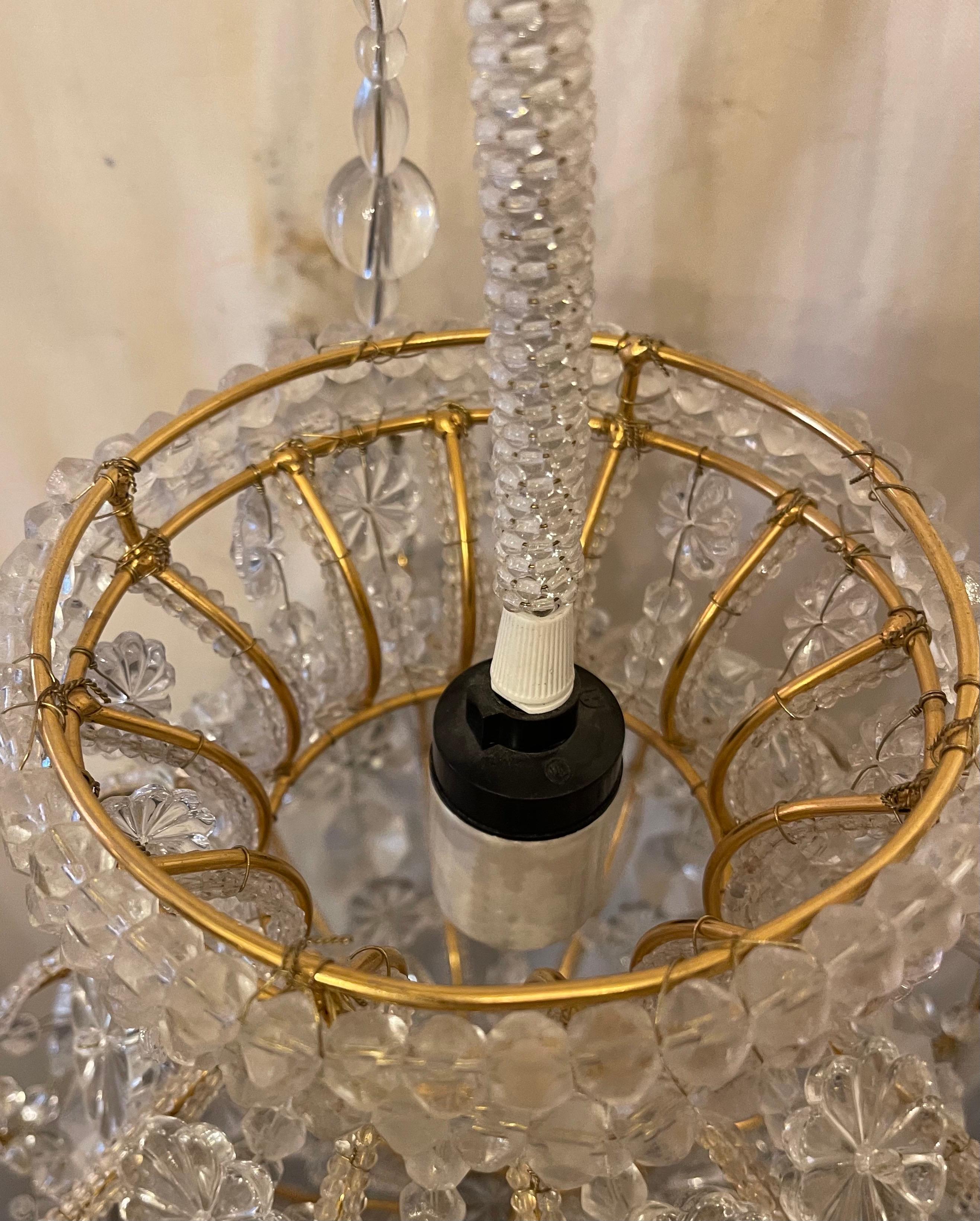 20th Century Wonderful Vintage Sherle Wagner Beaded Hanging Crystal Basket Gold Light Fixture For Sale