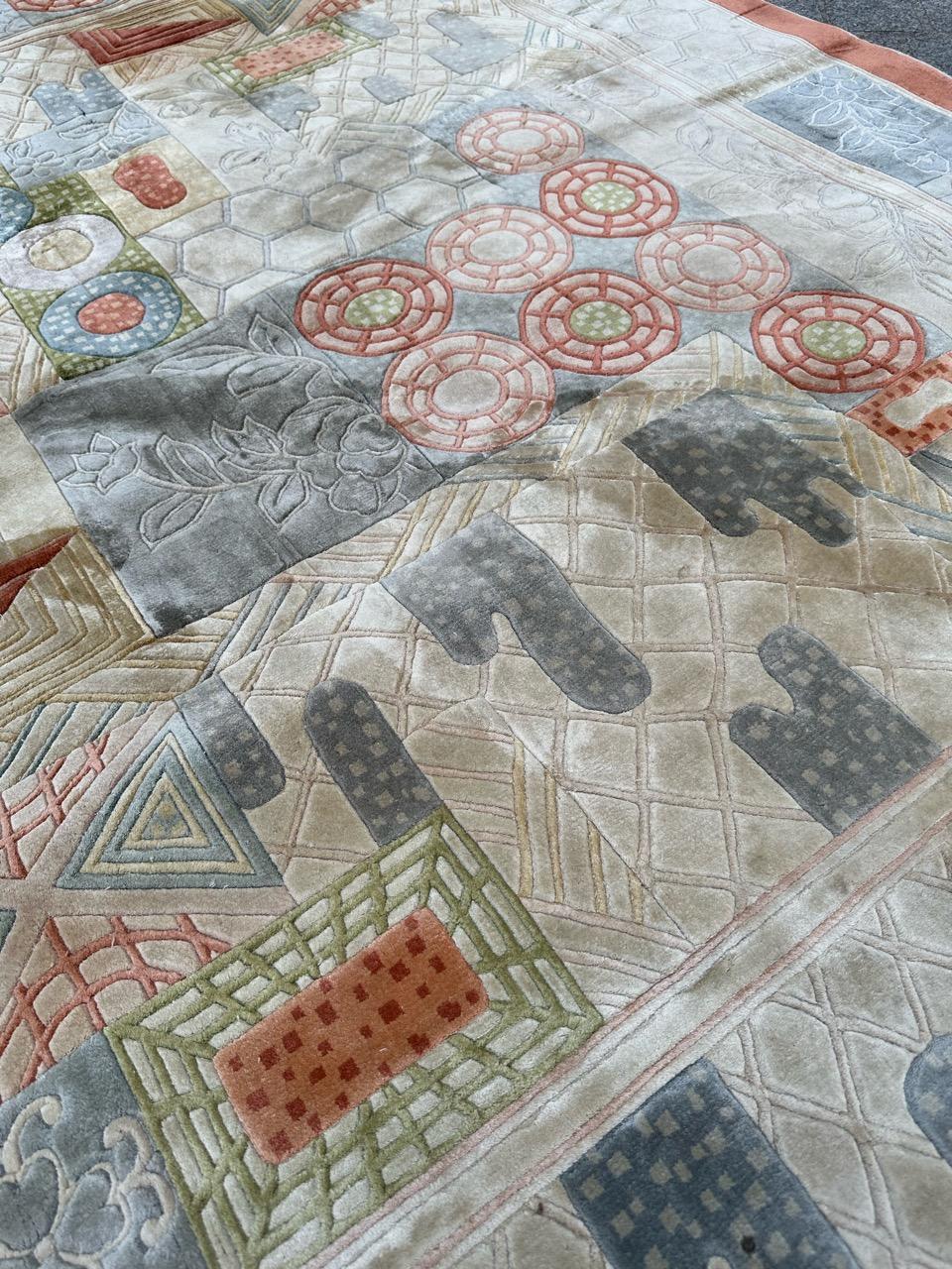 Bobyrug’s Wonderful vintage silk Chinese art nouveau design rug  For Sale 4