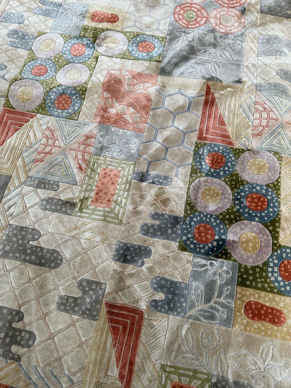 Bobyrug’s Wonderful vintage silk Chinese art nouveau design rug  For Sale 11