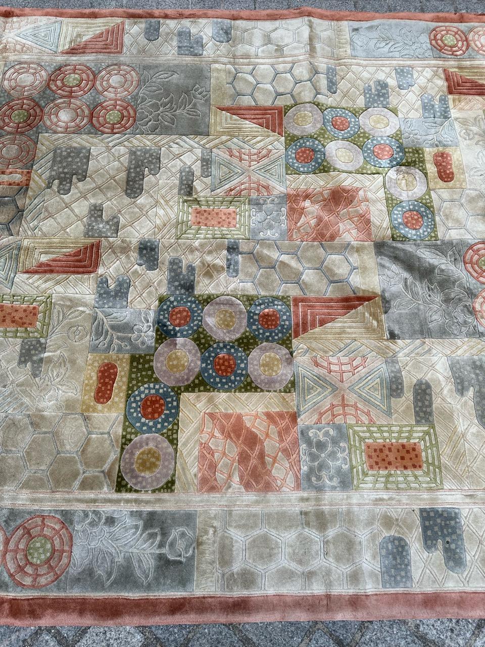 Art Nouveau Bobyrug’s Wonderful vintage silk Chinese art nouveau design rug  For Sale
