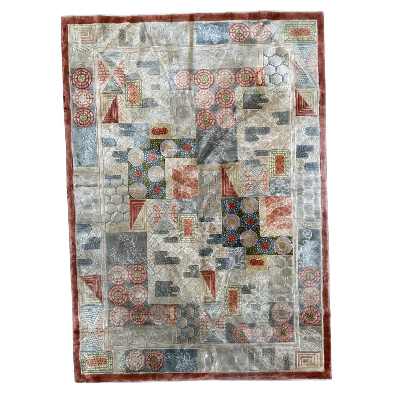 Bobyrug’s Wonderful vintage silk Chinese art nouveau design rug  For Sale