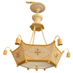 Wonderful Vintage Tole Chinoiserie Cream Gold Glass Pagoda Fixture Chandelier