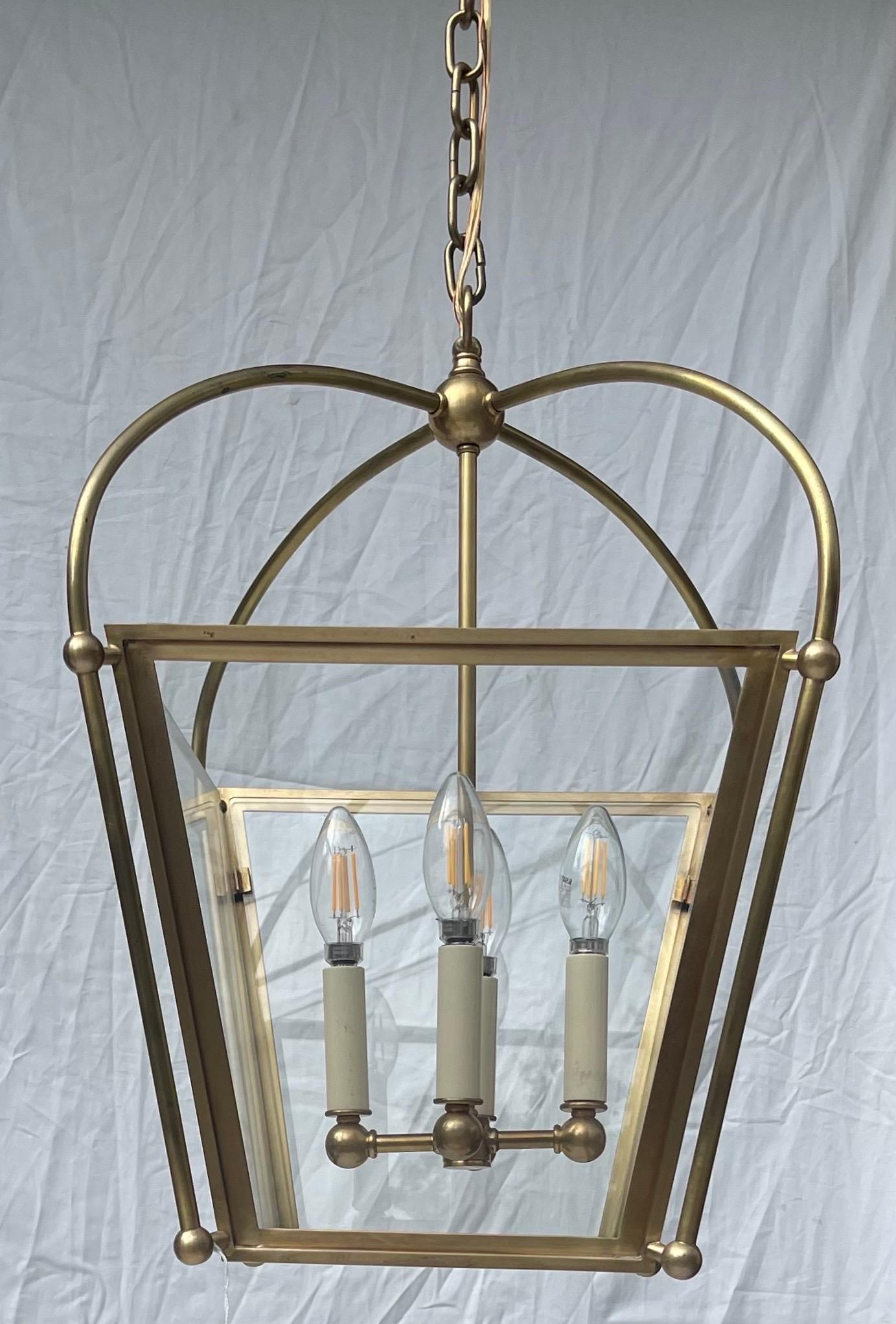 A Wonderful Vintage Regency Vaughan Lighting Style Lantern Bronze / Brass Square Fitted With 4 Lights Fixture 
Comes Ready To Install With Chain, Canopy And Mounting Hardware
