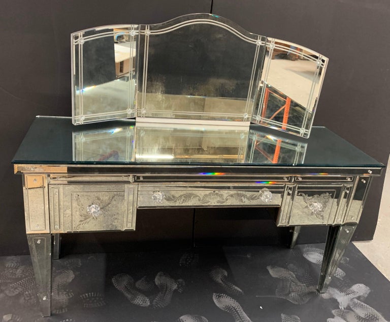 Wonderful Vintage Antique Etched Mirrored Trifold Mirror Vanity Desk at 1stDibs