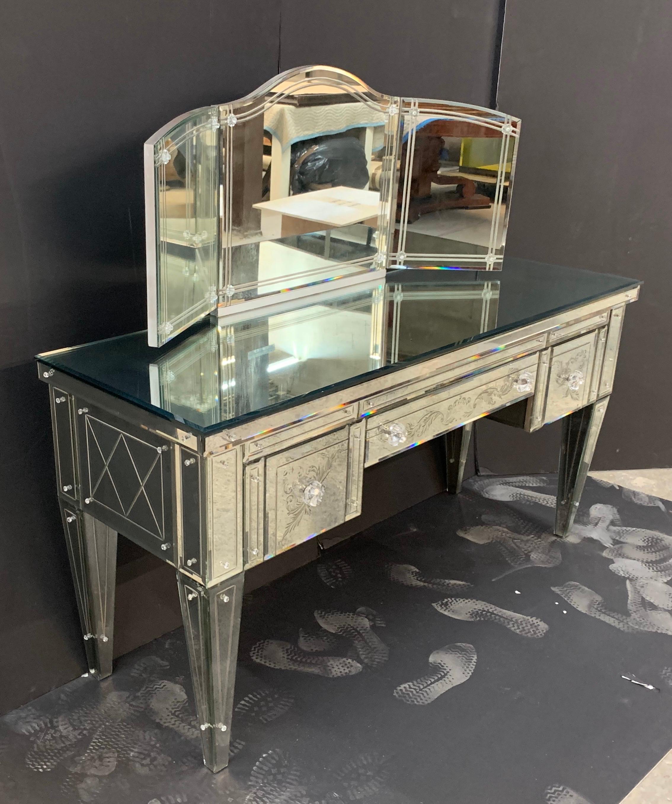 Wonderful Vintage Venetian Antique Etched Mirrored Trifold Mirror