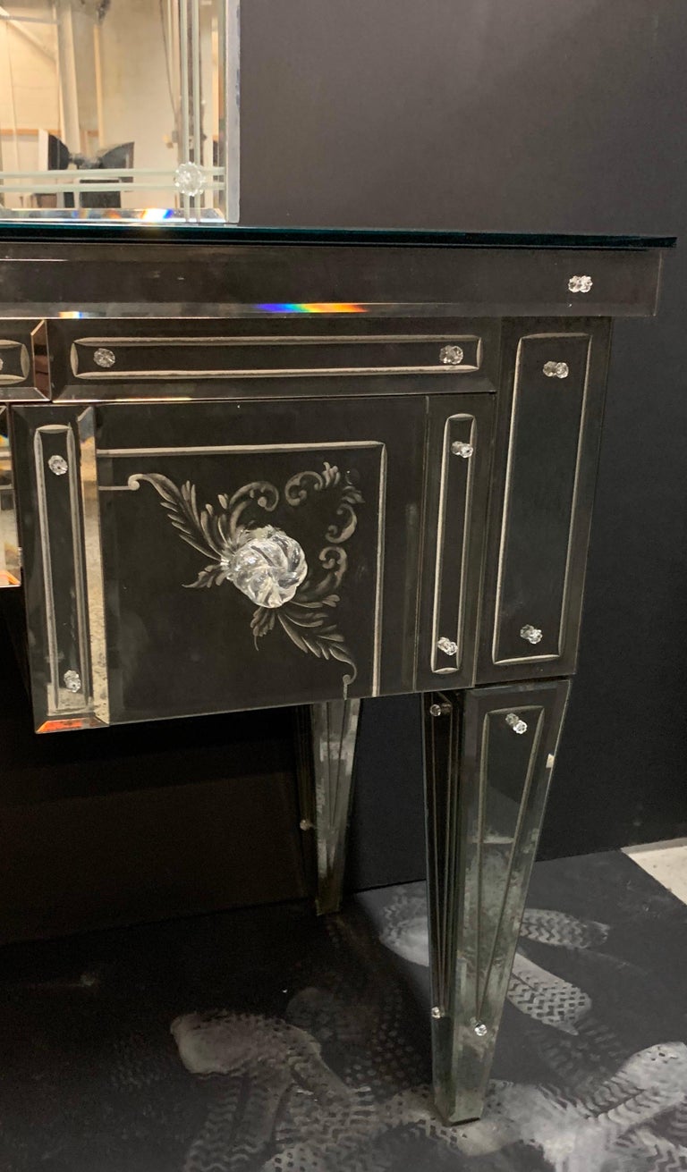 Wonderful Vintage Antique Etched Mirrored Trifold Mirror