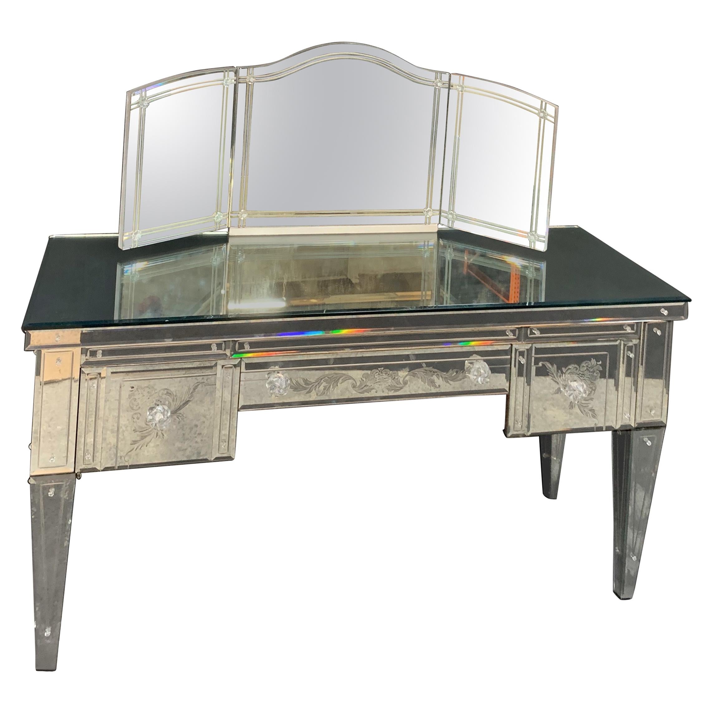 Wonderful Vintage Venetian Antique Etched Mirrored Trifold Mirror Vanity Desk