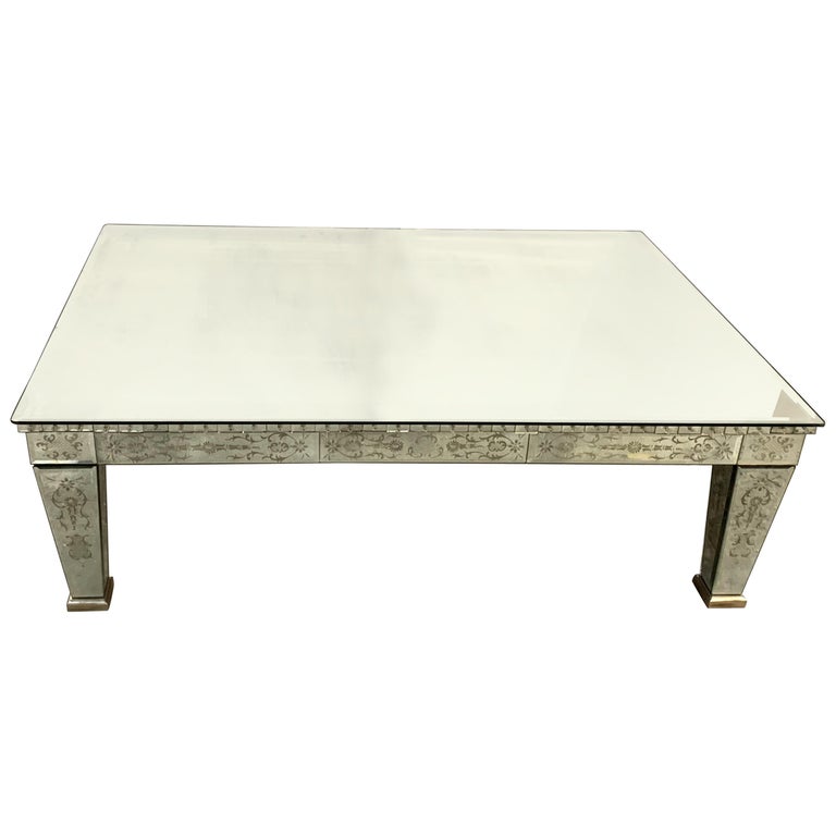 Wonderful Vintage Venetian Etched Mirrored Italian Coffee Cocktail Large Table