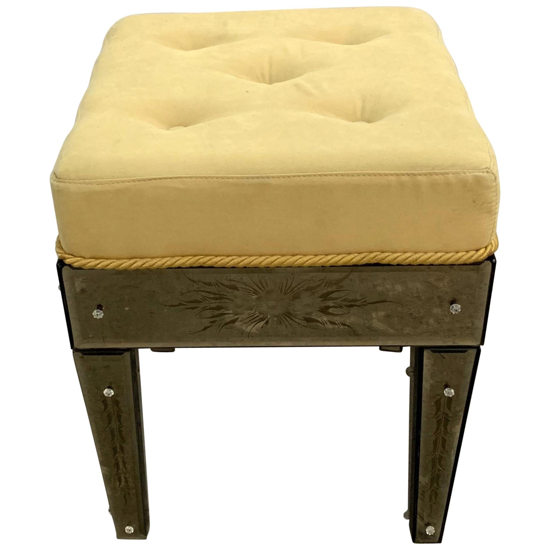 Wonderful Pair Vintage Venetian Etched Mirrored Italian Upholstered Stool Bench For Sale