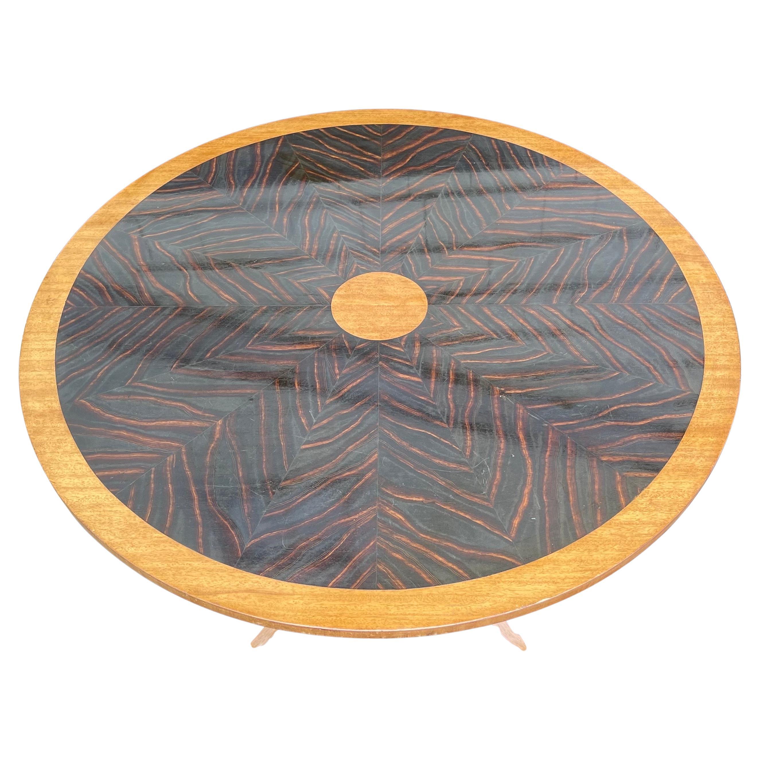 A Wonderful Walnut Banded Exotic Wood Star / Sun Burst Entry Center Table 
