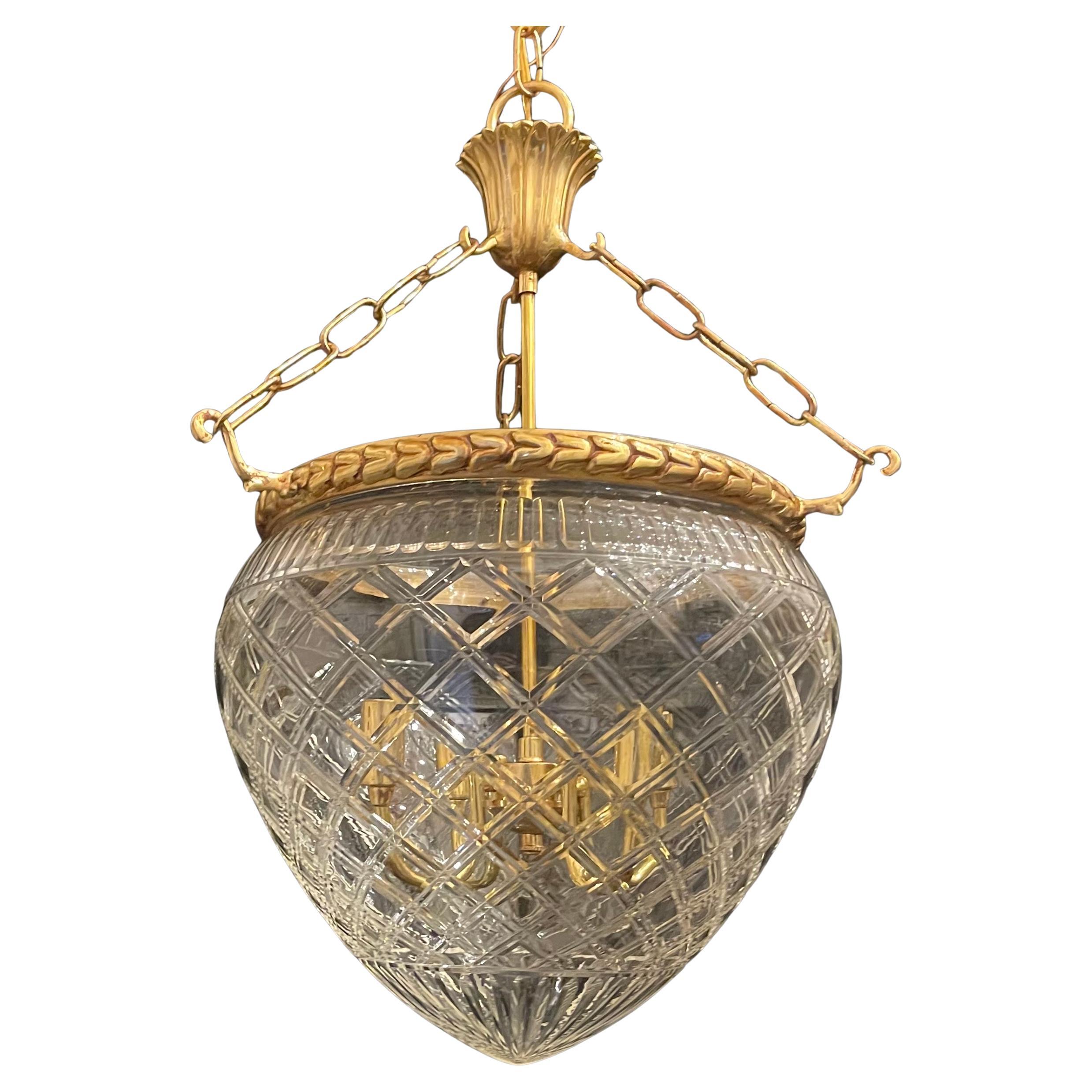 Wonderful Waterford Faceted Cut Crystal Bronze Lantern Pendent 4 Light Fixture For Sale