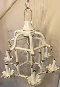 Wonderful White & Gold Gilt Tole Pagoda Bamboo Chinoiserie Fixture Chandelier