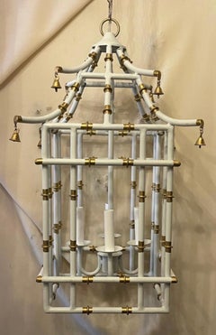 Wonderful White Gold Pagoda Bamboo Chinoiserie Lanterns 3 Fixtures Chandeliers