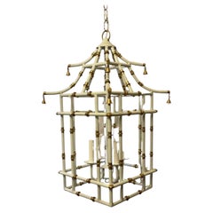 Wonderful White Gold Pagoda Bamboo Chinoiserie Lanterns 3 Fixtures Chandeliers