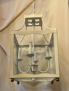 Wonderful White & Gold Trim Tole Pagoda Chinoiserie Lantern Fixture Chandelier