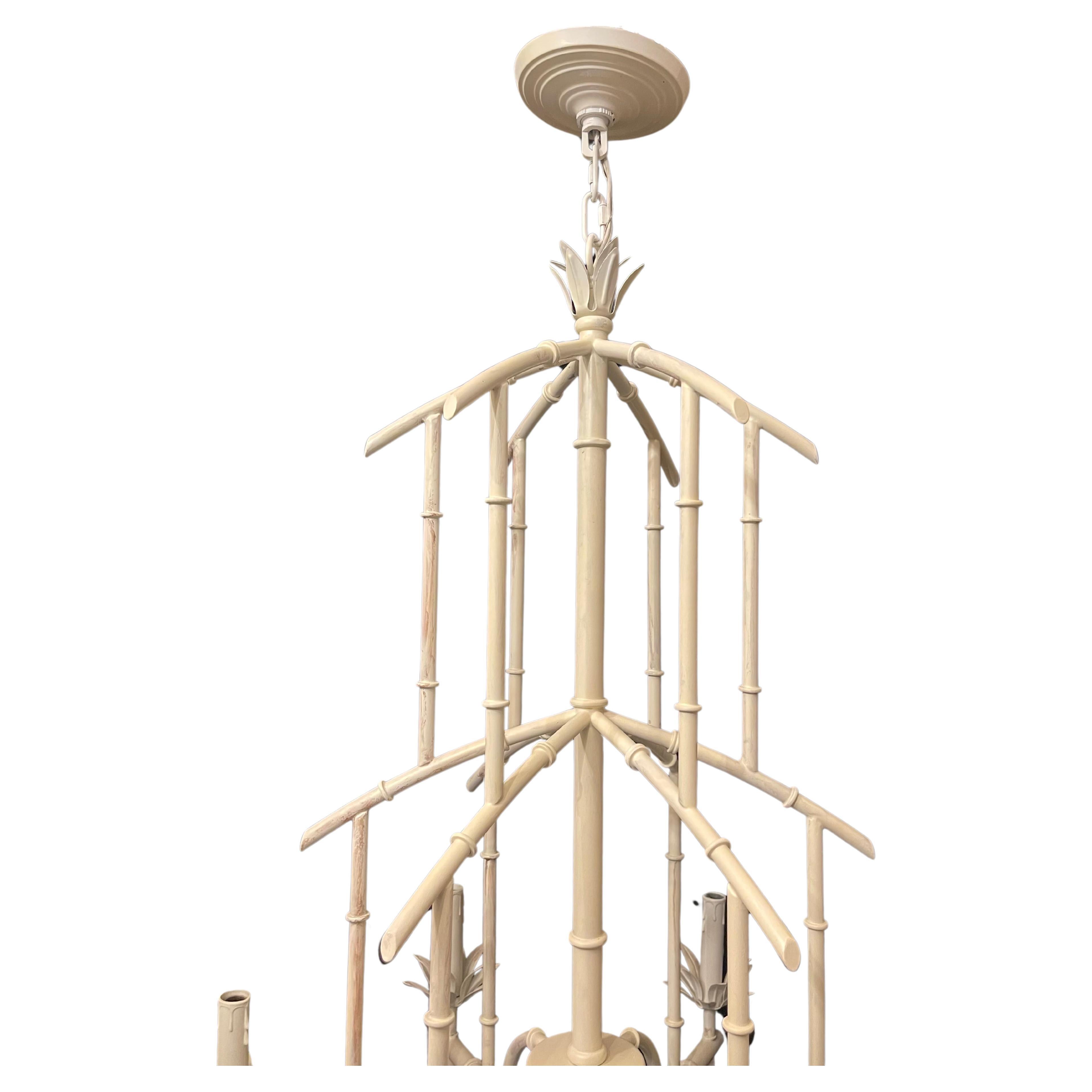 A Wonderful White Painted Tole Pagoda Bamboo Chinoiserie Form Large Chandelier Rewired With 6 Candelabra Light Fixture