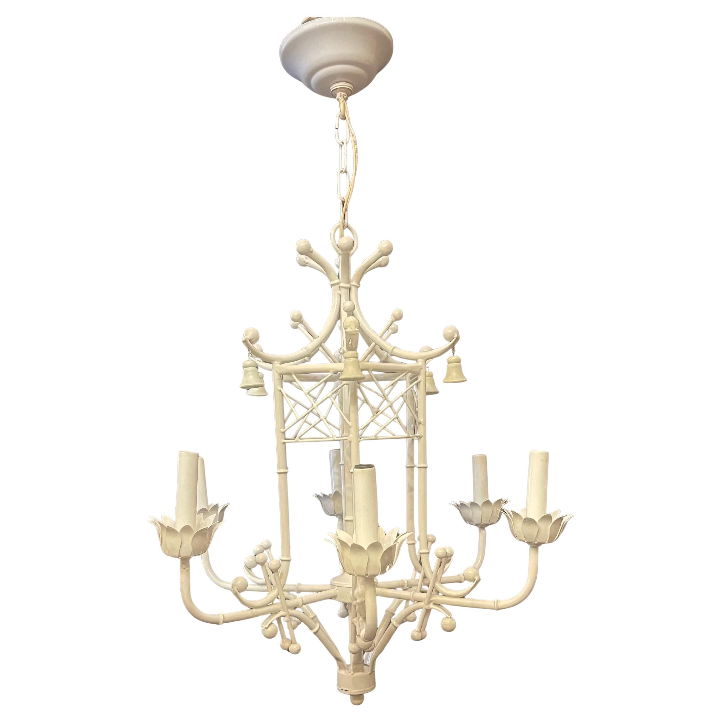 A Wonderful White Painted Tole Pagoda Bamboo Chinoiserie Form Chandelier With 6 Candelabra Light Fixture, Ready To Install With Chain And Canopy