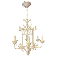 Wonderful White Tole Pagoda Bamboo Chinoiserie Chandelier Large 6 Light Fixture