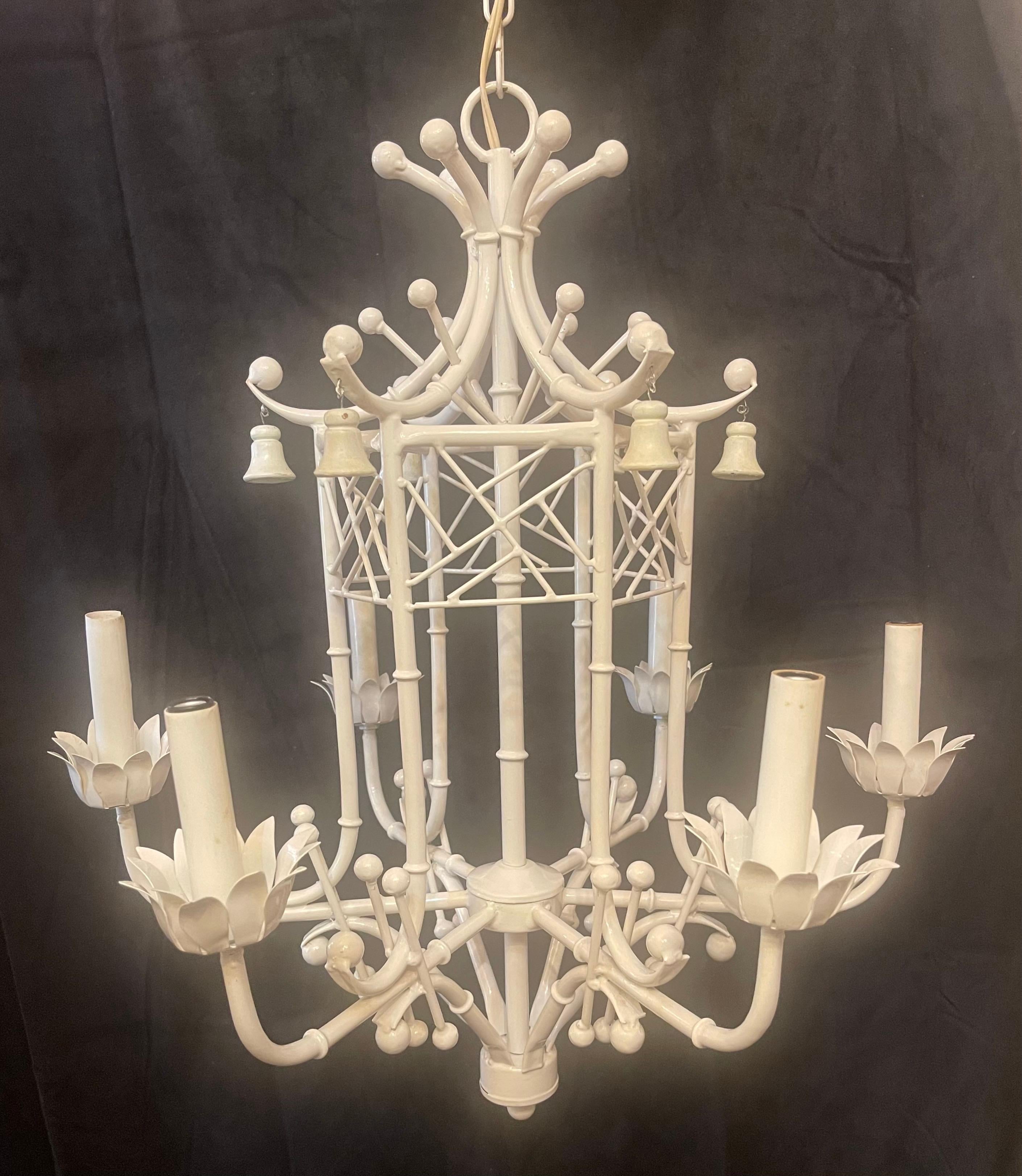 Hand-Painted Wonderful White Tole Pagoda Bamboo Chinoiserie Chandelier Large 6 Light Fixture For Sale
