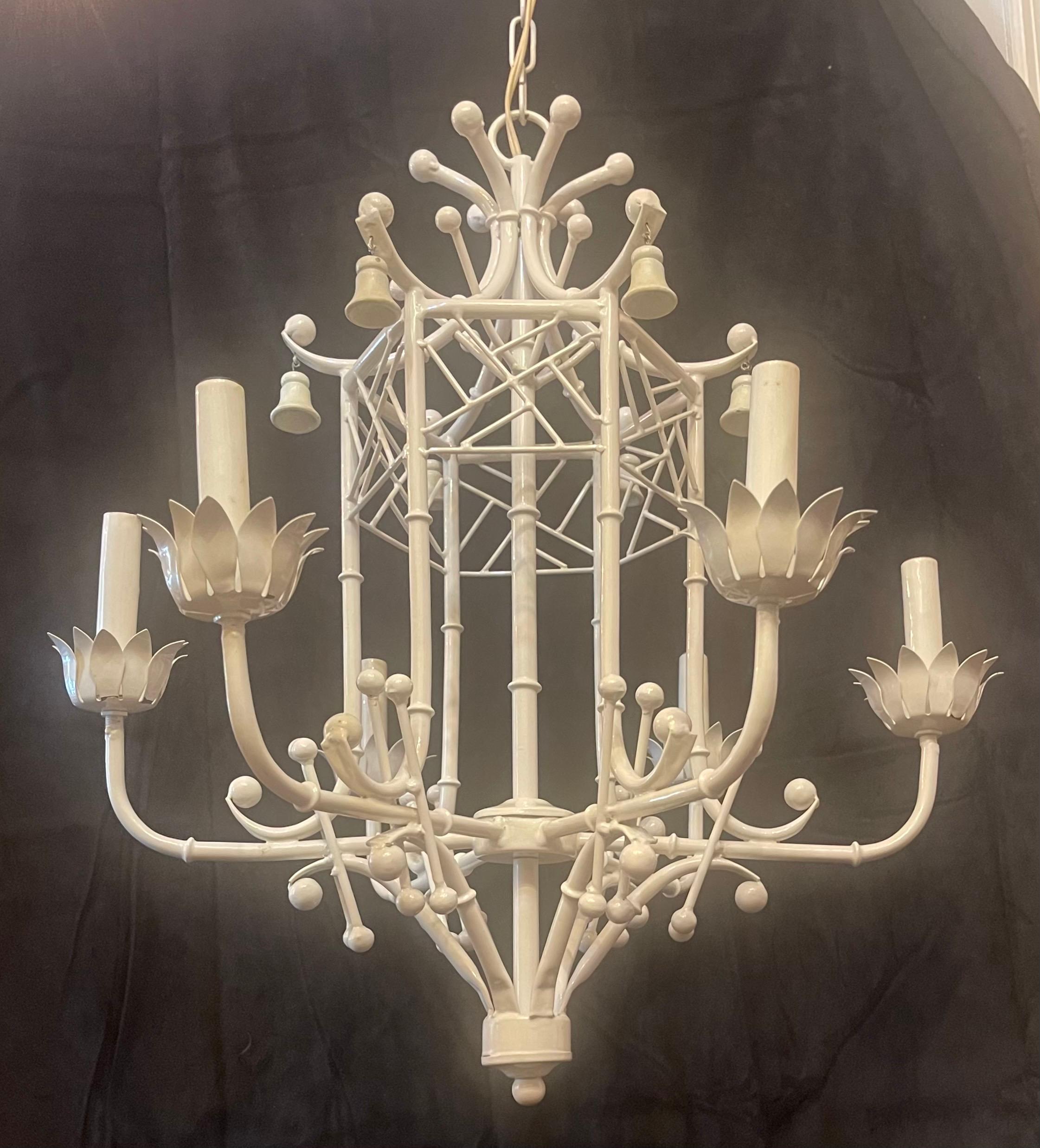 Wonderful White Tole Pagoda Bamboo Chinoiserie Chandelier Large 6 Light Fixture In Good Condition For Sale In Roslyn, NY