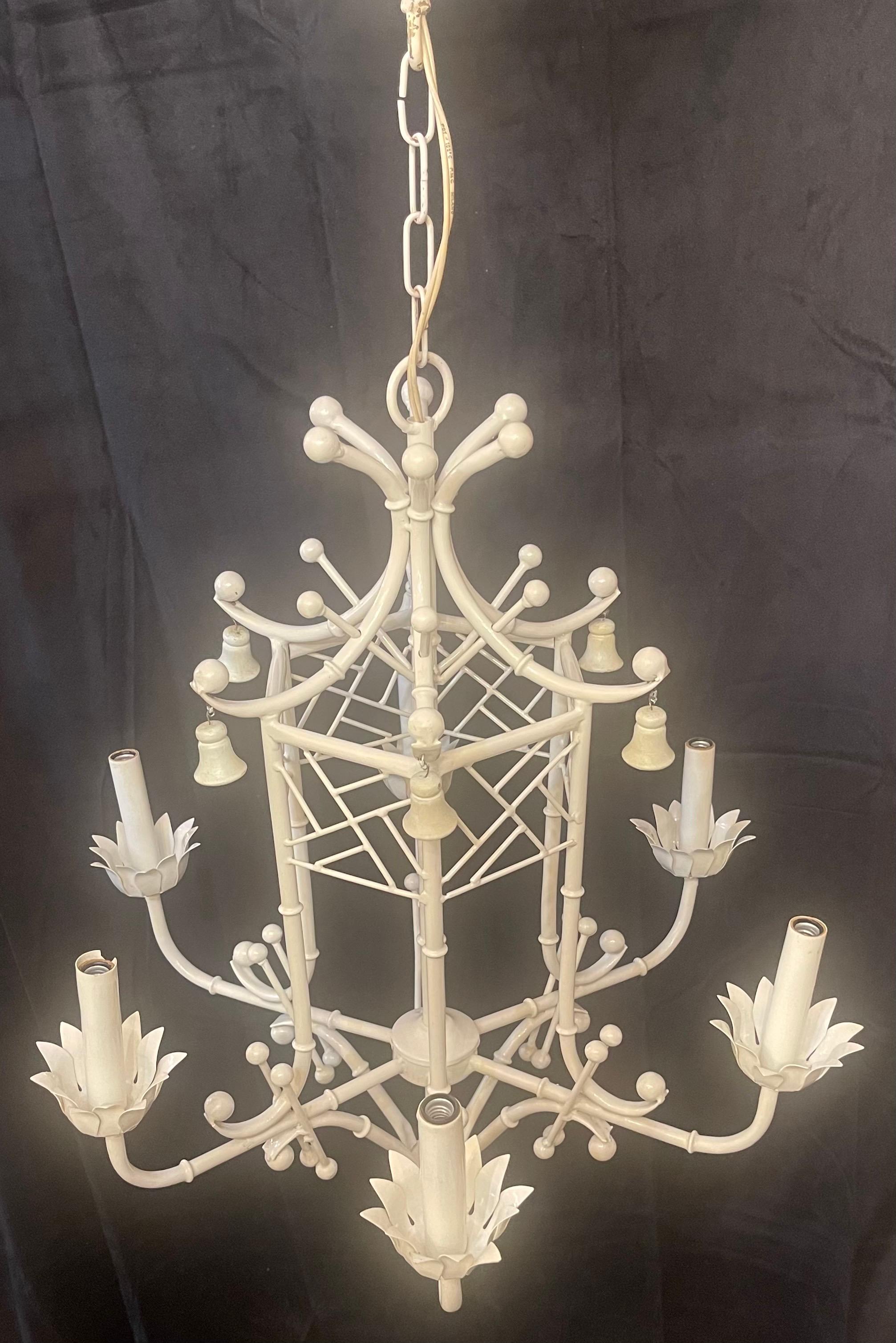 20th Century Wonderful White Tole Pagoda Bamboo Chinoiserie Chandelier Large 6 Light Fixture For Sale