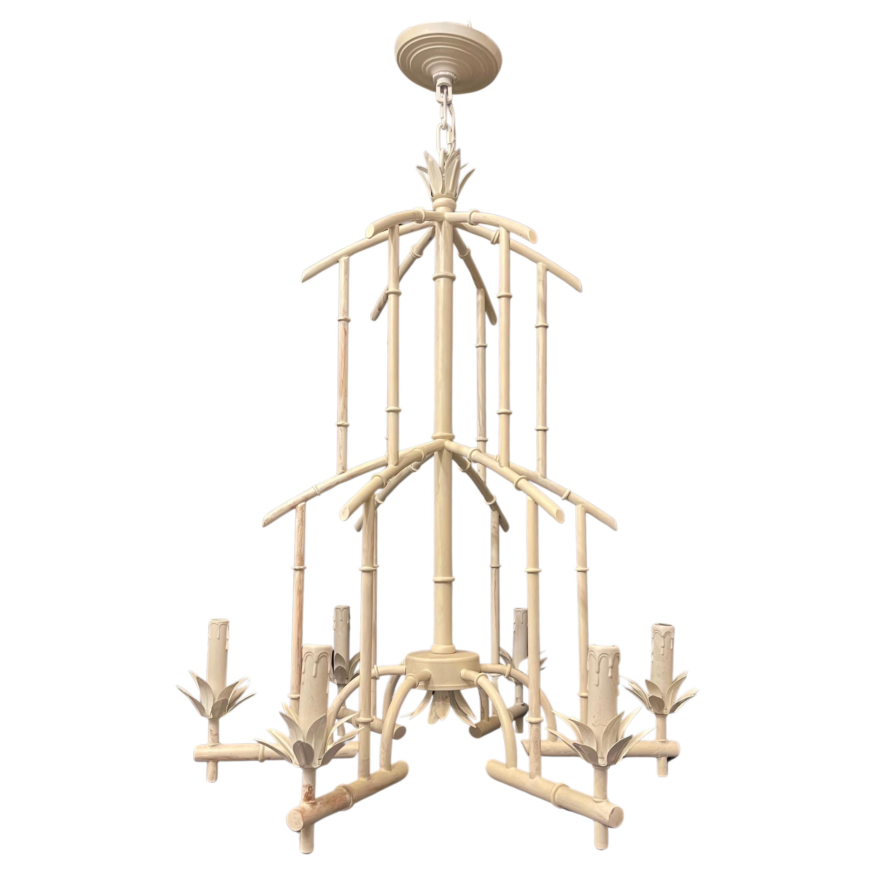 Wonderful White Tole Pagoda Bamboo Chinoiserie Chandelier Large 6 Light Fixture For Sale