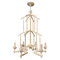 Wonderful White Tole Pagoda Bamboo Chinoiserie Chandelier Large 6 Light Fixture