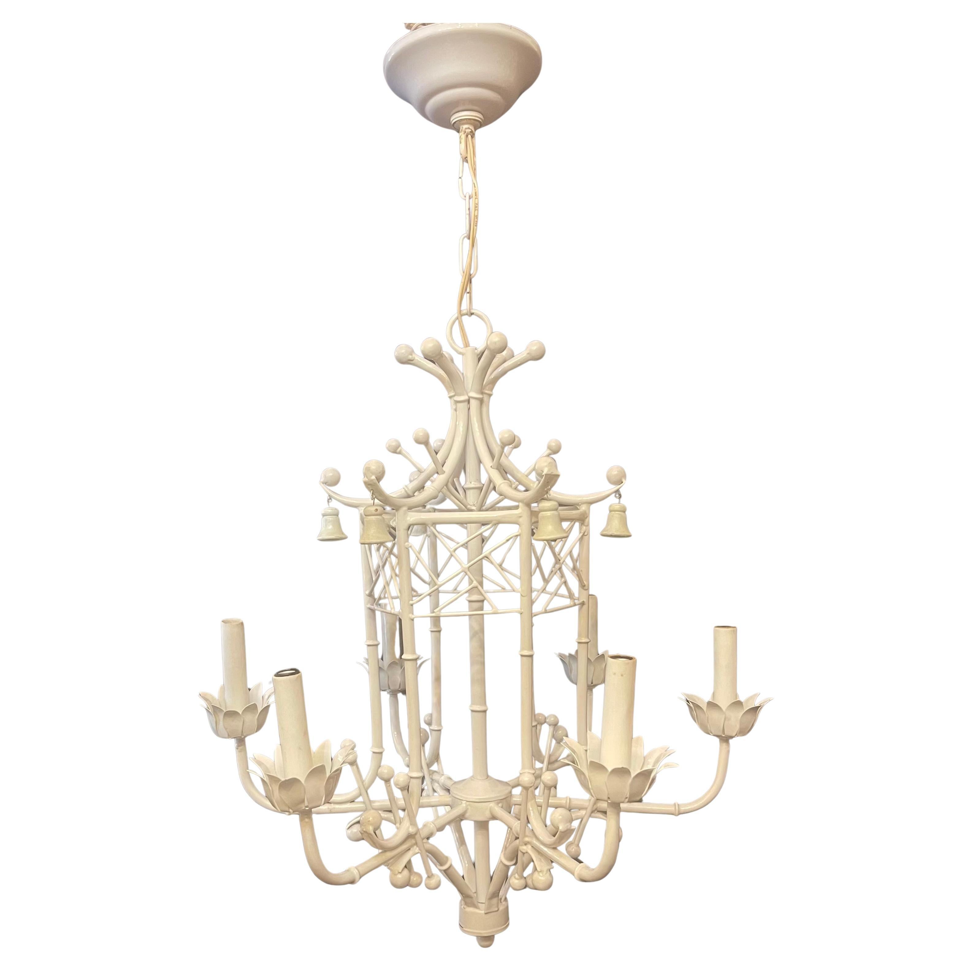 Wonderful White Tole Pagoda Bamboo Chinoiserie Chandelier Large 6 Light Fixture For Sale