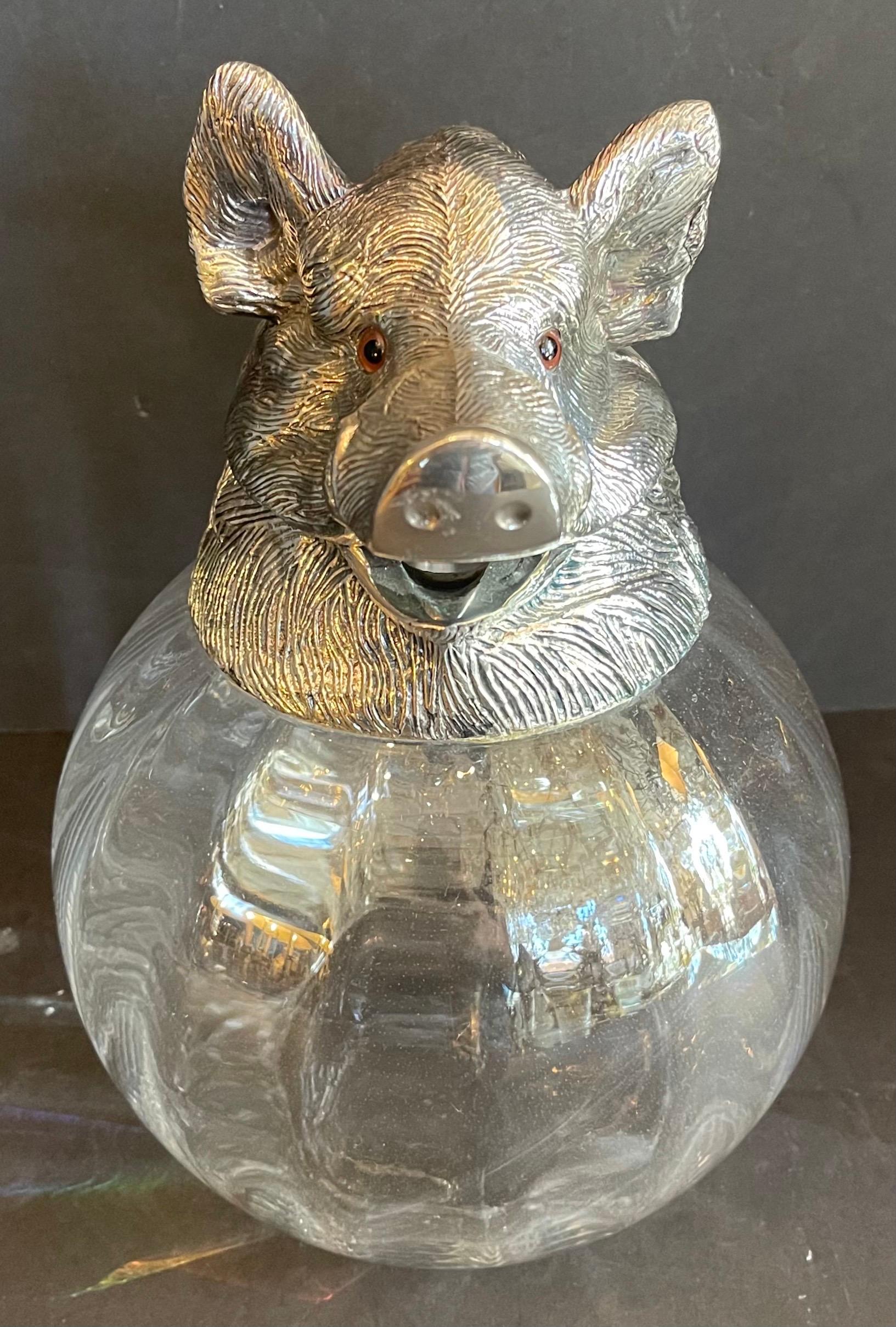 A wonderful wild boar silver plated carafe, lidded decanter, pitcher, by Valenti Made In Spain. 
The very large and impressive boar’s head is very finely crafted in silver plate, the glass appears to have been hand blown. This superbly crafted