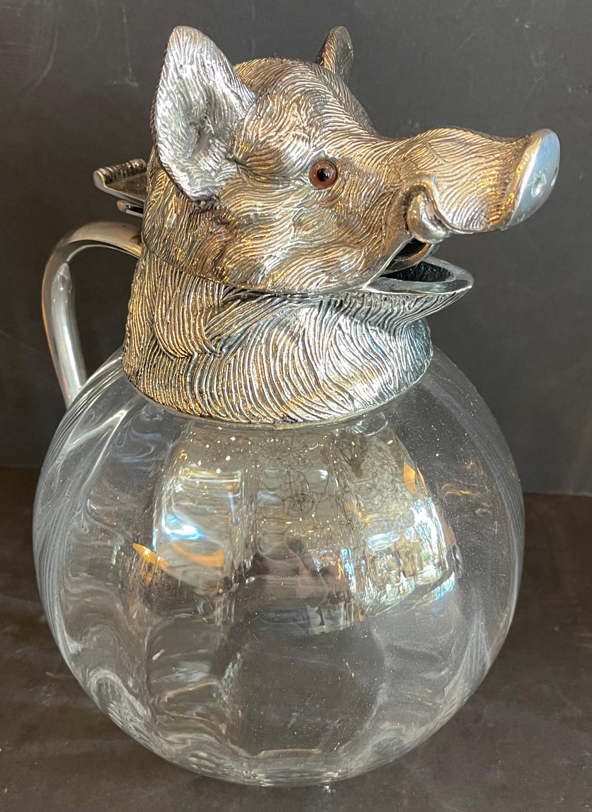 20th Century Wonderful Wild Boar Silver Plated Carafe Lidded Decanter Pitcher Valenti Spain