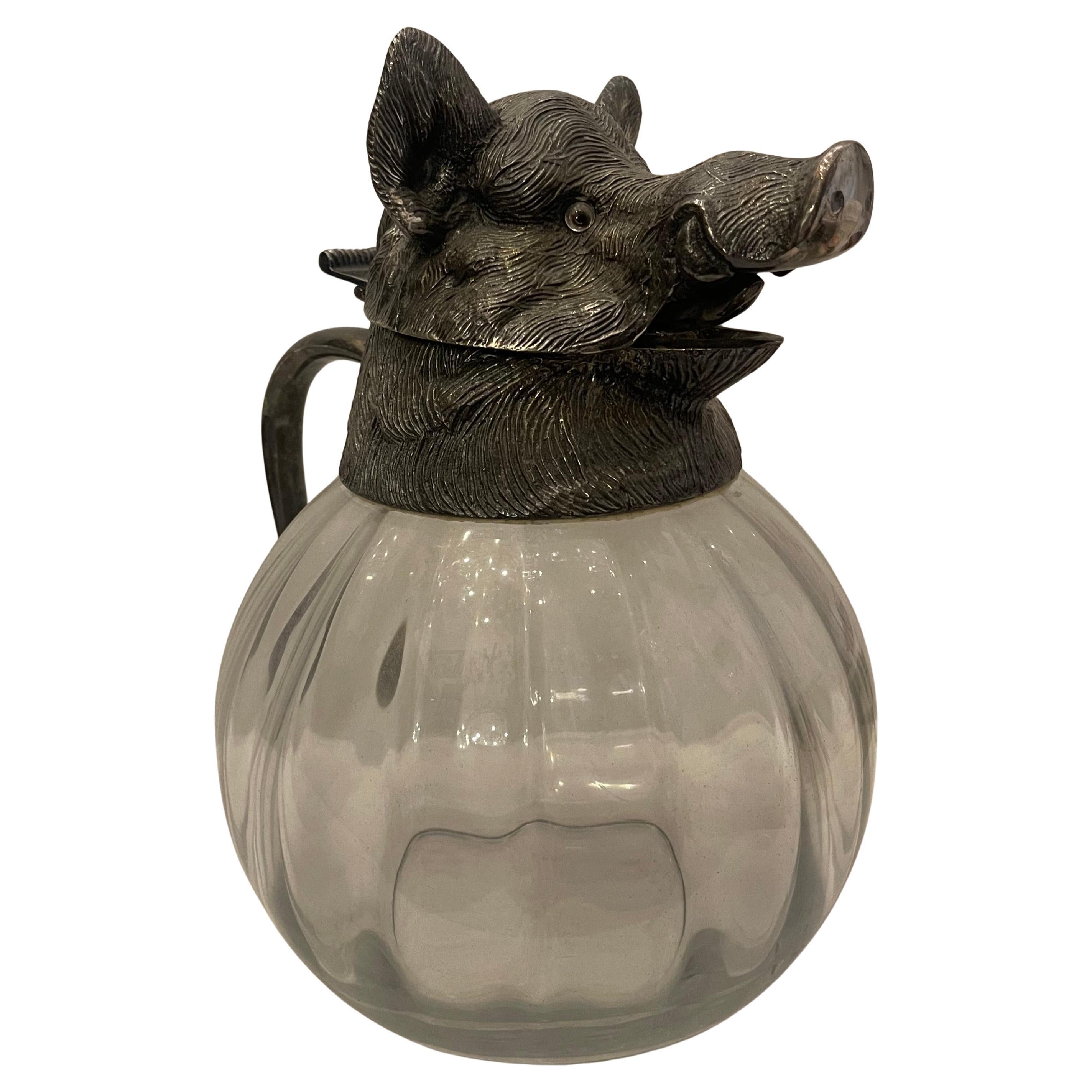 Meravigliosa Caraffa con coperchio in argento con cinghiale, caraffa con coperchio, brocca Valenti Spagna in vendita