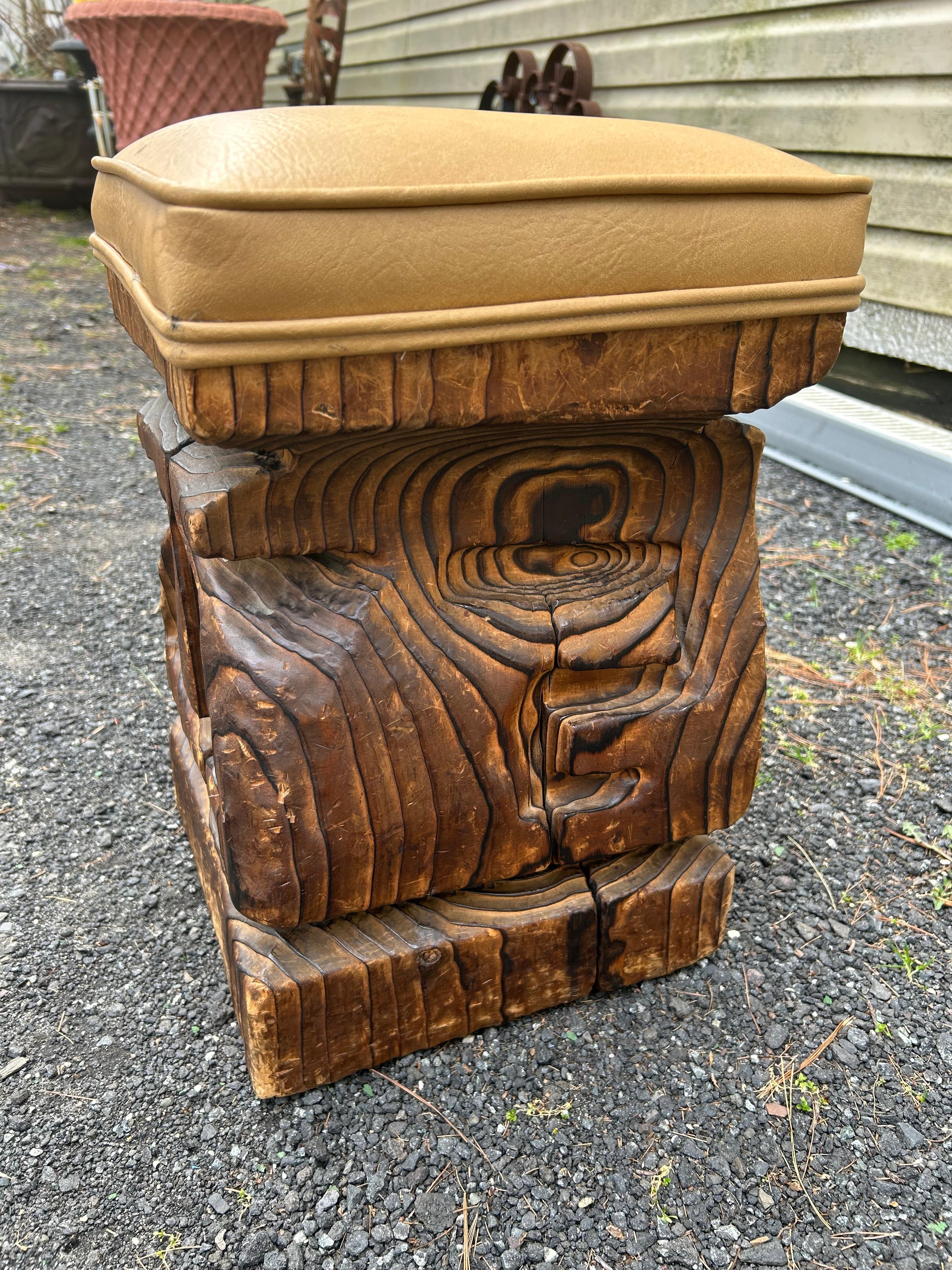 Wonderful hand carved Witco Tiki stool made of  Pacific Northwest cedar.  Retains its original faux leather cushion in usable condition.  This piece measure 18