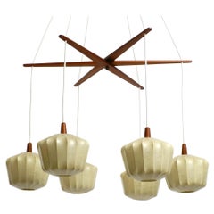 Wonderful XXL Mid Century Cocoon Ceiling Lamp with Six Shades and Teak Frame