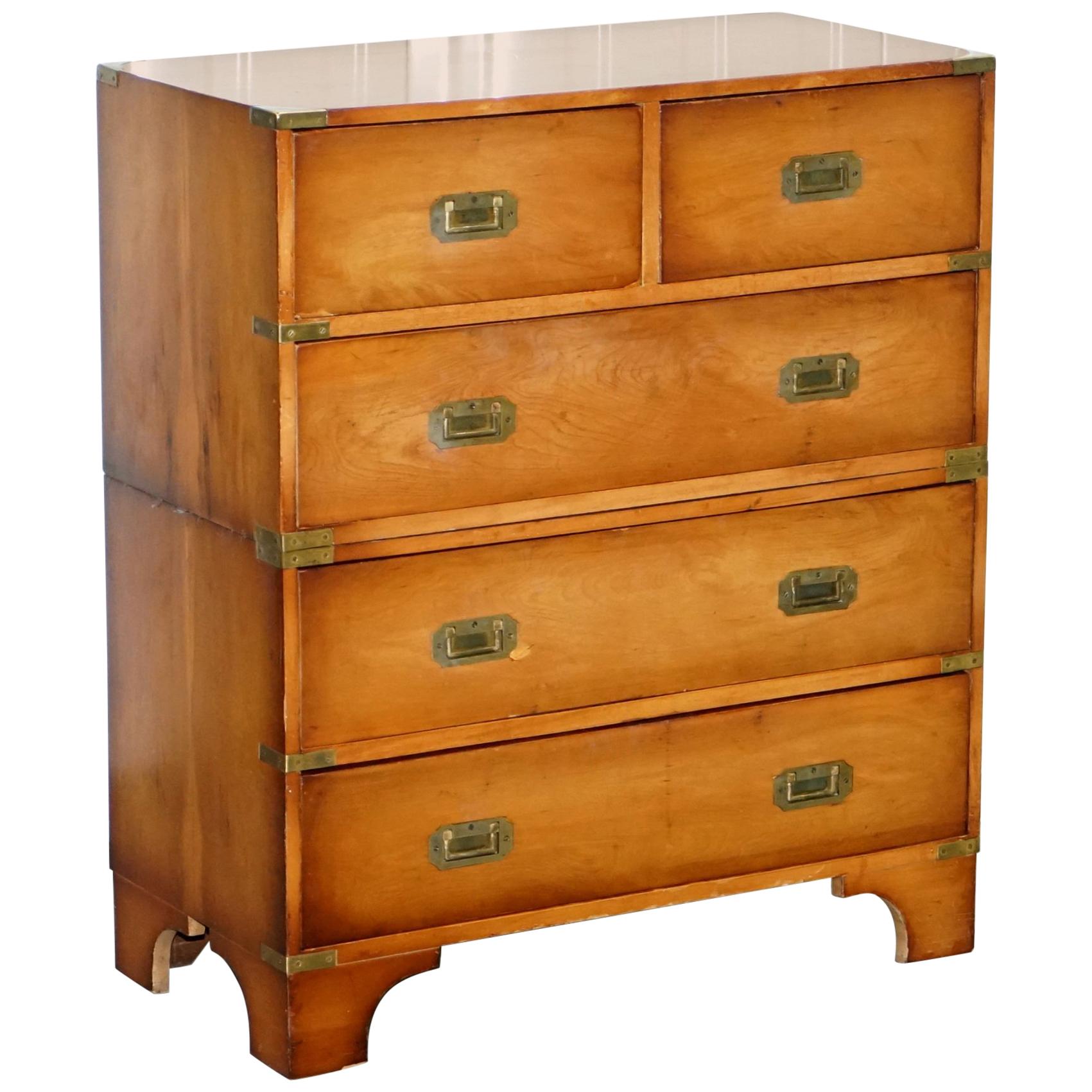 Wonderful Yew Wood Vintage Military Campaign Chest of Drawers Two Piece Set